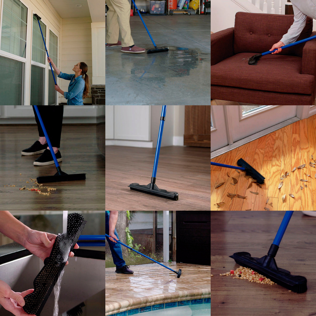 Escoba multiusos de goma natural con rasqueta integrada y mango telescópico