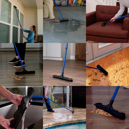 Escoba multiusos de goma natural con rasqueta integrada y mango telescópico