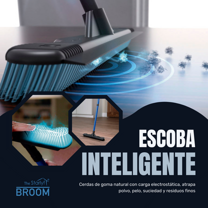 Escoba multiusos de goma natural con rasqueta integrada y mango telescópico