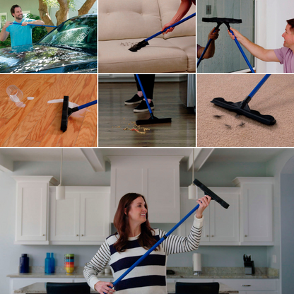 Escoba multiusos de goma natural con rasqueta integrada y mango telescópico