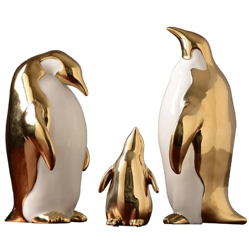 Figuras Decorativas de Pingüinos en Cerámica (Acabado en Oro)